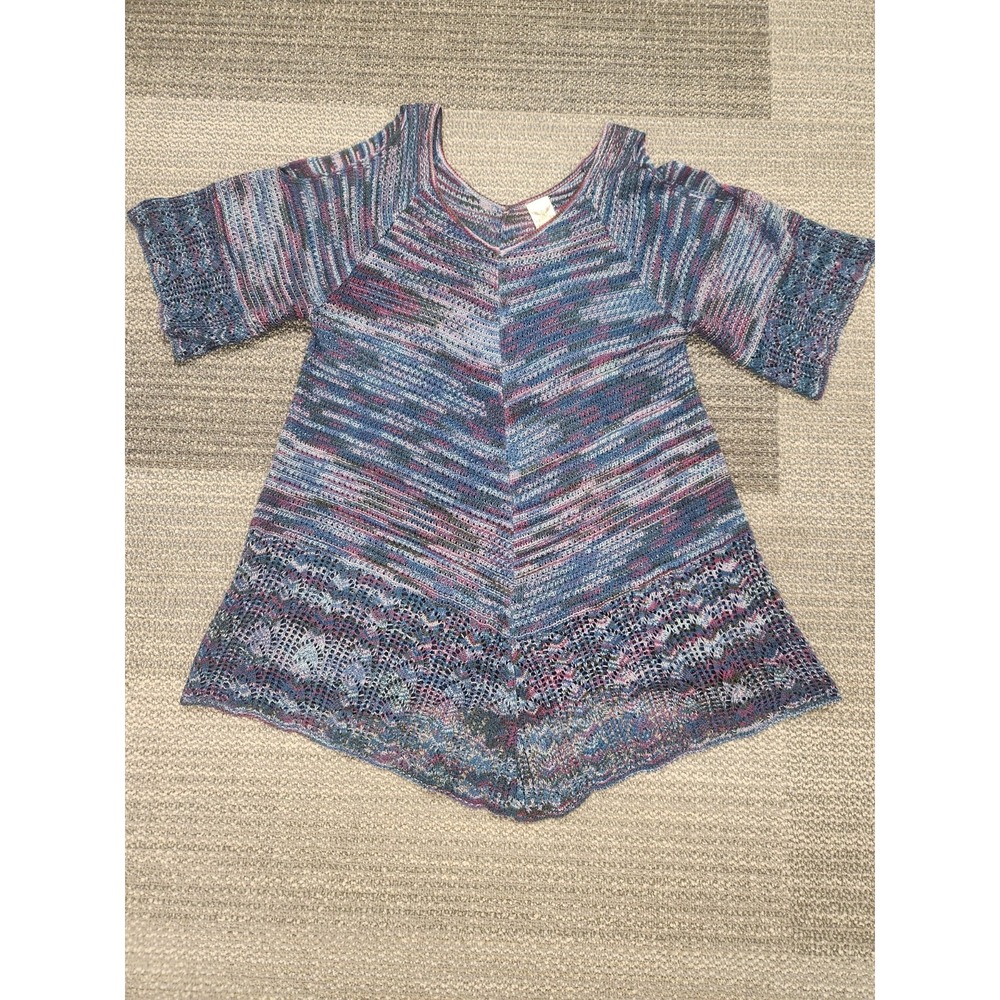 Faded Glory Womens L (12-14), Double-V Crochet Knit Cold Shoulder Top Blue Pink